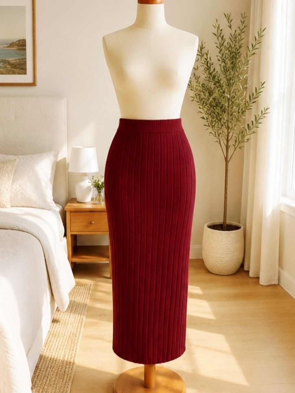 Ribbed Pencil Midi Skirt - Wine